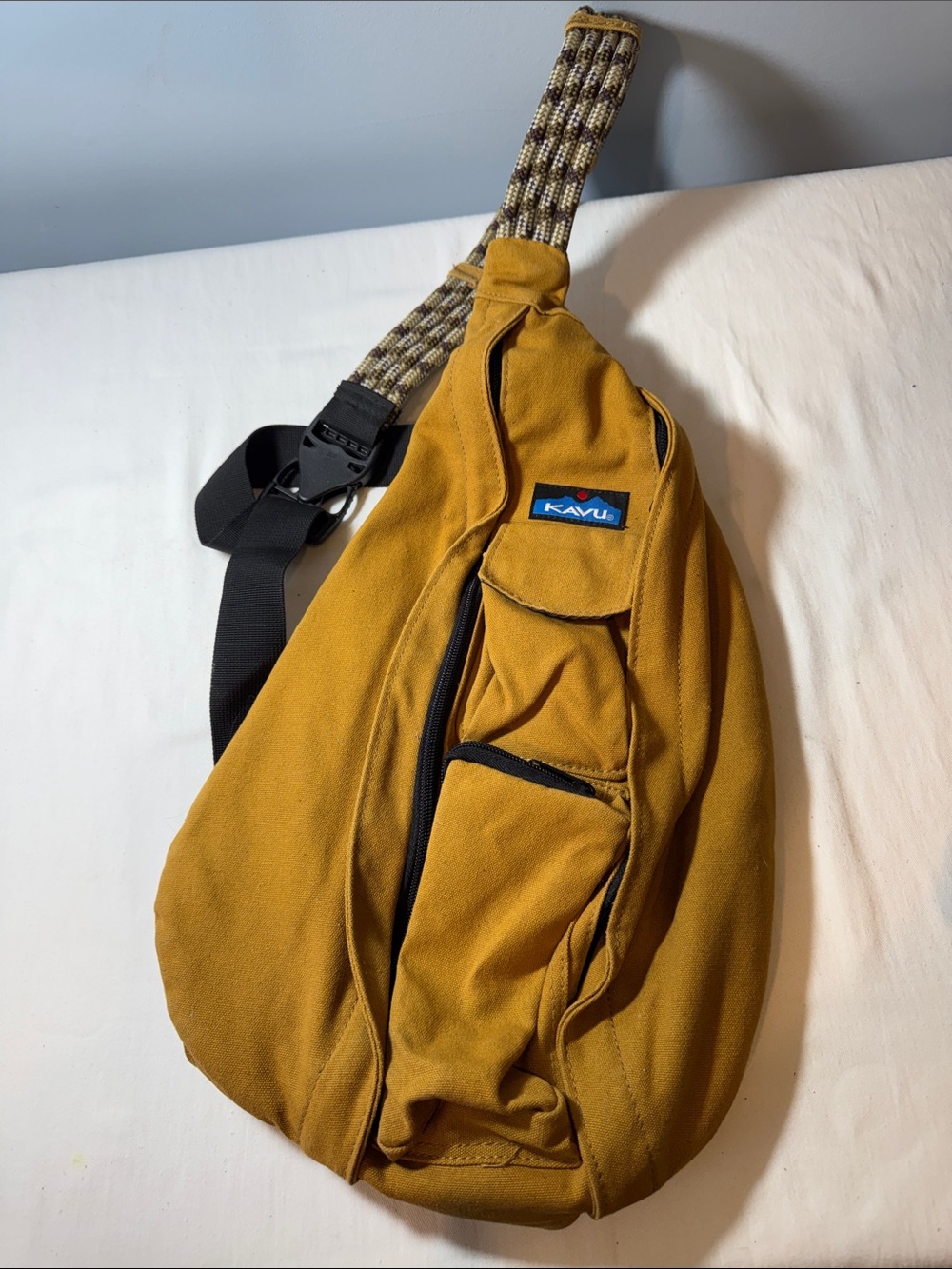 Kavu Mustard Canvas Rope-Strap Sling Bag